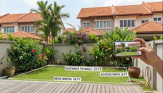 A hand holds a smartphone photographing a small grassy backyard. White digital lines are superimposed on the lawn showing specific measurements: Distance to wall 22 ft, Deck width 18 ft, and Access path 8 ft.