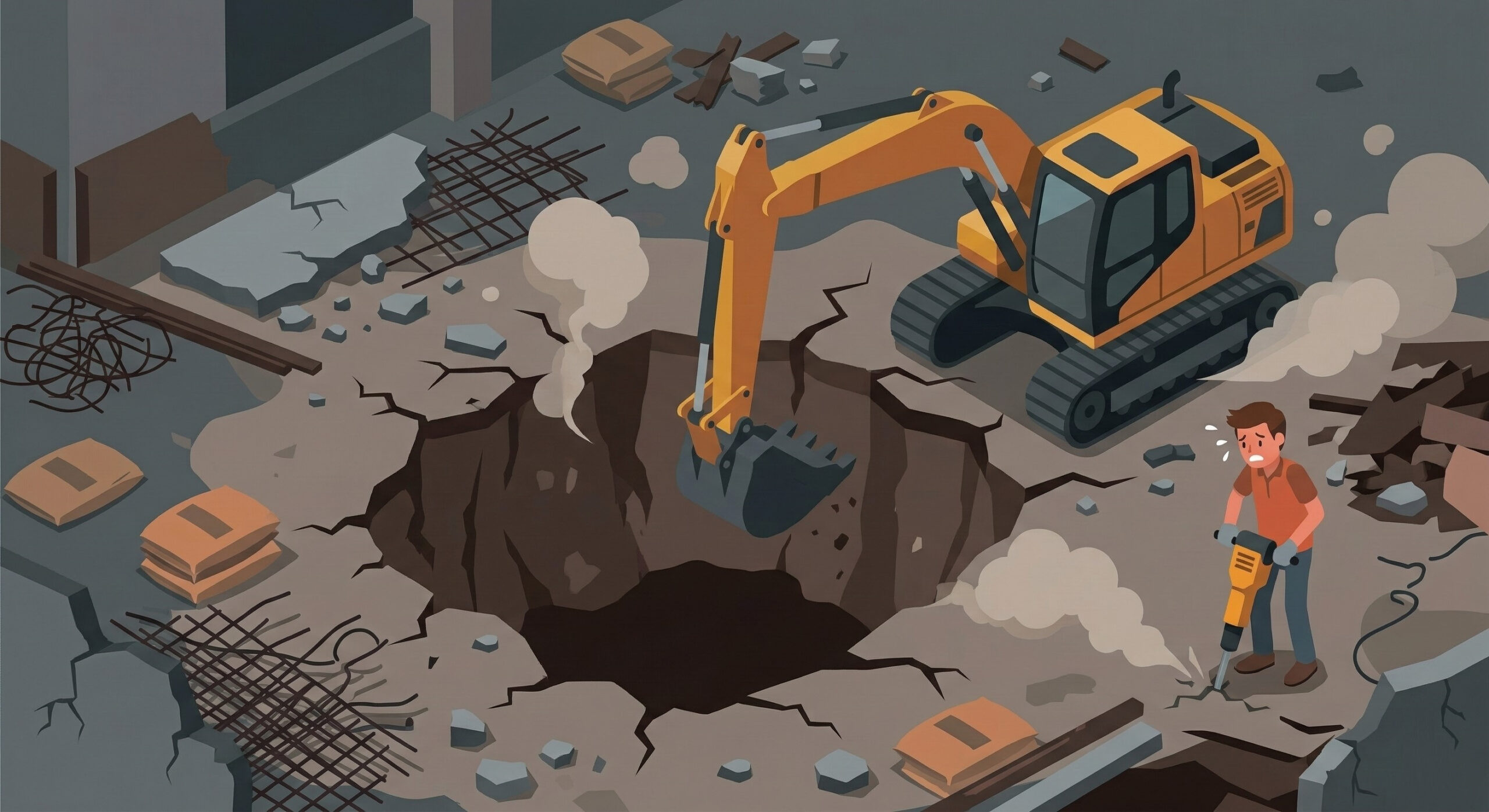 An isometric digital illustration of a messy construction site featuring a yellow excavator digging a deep, cracked hole while a stressed worker operates a jackhammer amidst dust and debris.