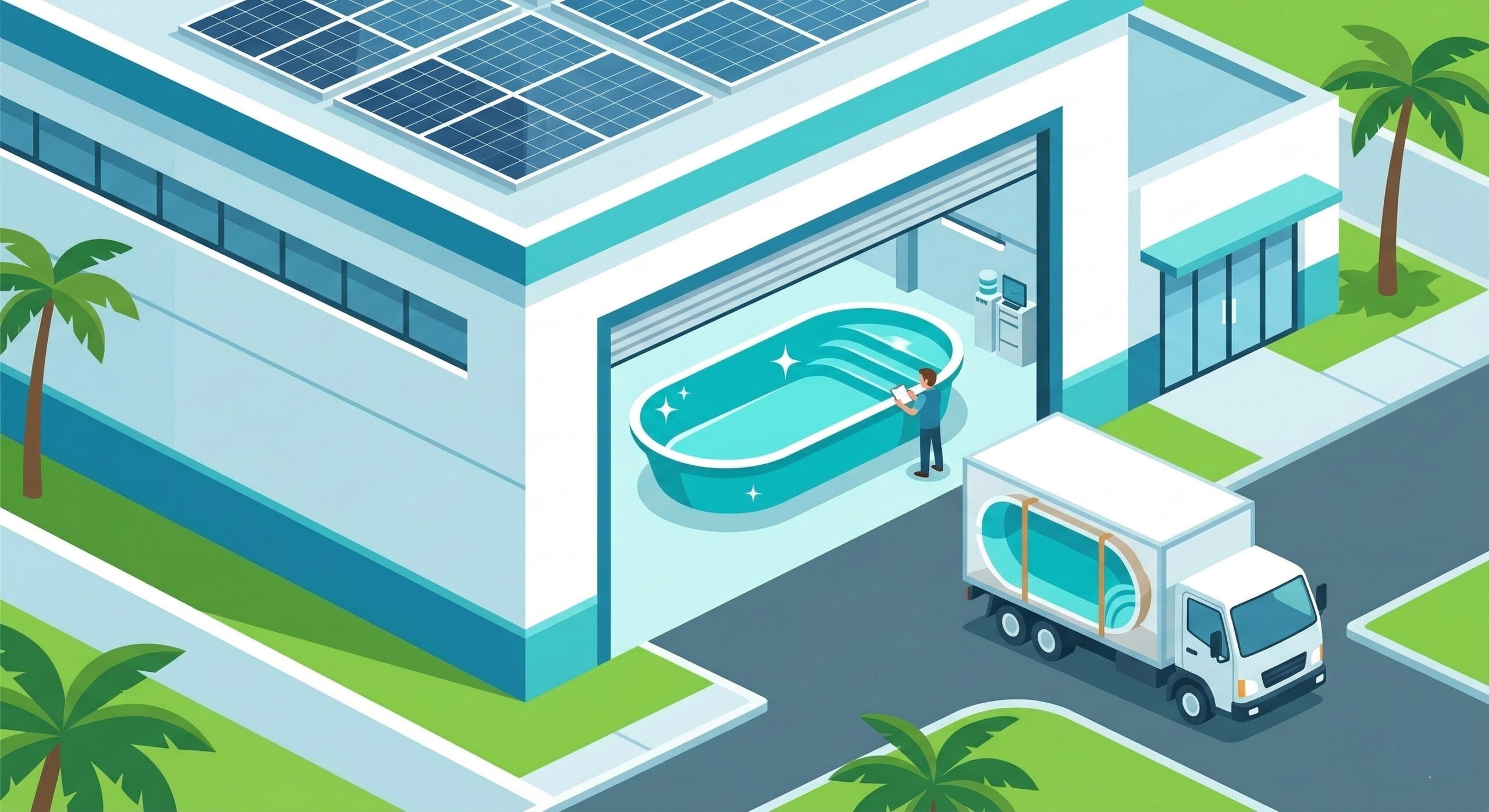 An isometric digital illustration of a clean modern factory with roof solar panels. A worker inspects a sparkling blue pool shell inside, while a white delivery truck transports another shell outside.