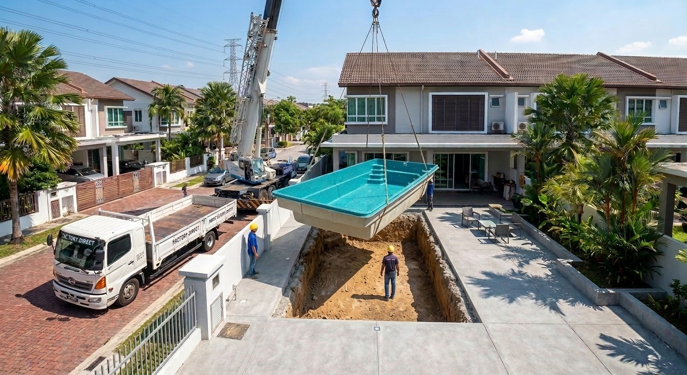 A tall street crane hoists a teal rectangular fiberglass pool shell from a white flatbed truck. The shell hangs suspended over a white boundary wall, ready to be lowered into a dirt excavation pit in a modern suburban yard while two workers watch.