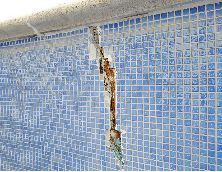 Close-up of a swimming pool wall featuring small blue mosaic tiles split by a severe vertical crack. The deep fissure exposes the damaged, rusted brown concrete structure beneath the missing surface tiles. A visible corctain from structural steel corrosion.