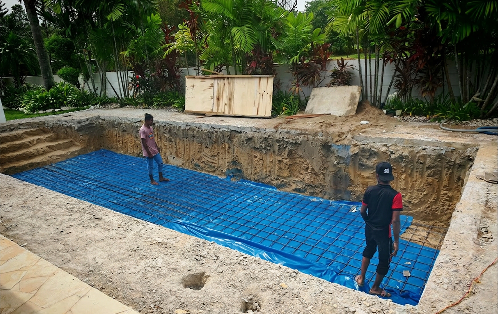 wo workers stand inside a deep, rectangular excavated dirt pit surrounded by tropical plants. The dirt floor is fully covered with a bright blue membrane and a precisely tied grid of steel rebar.