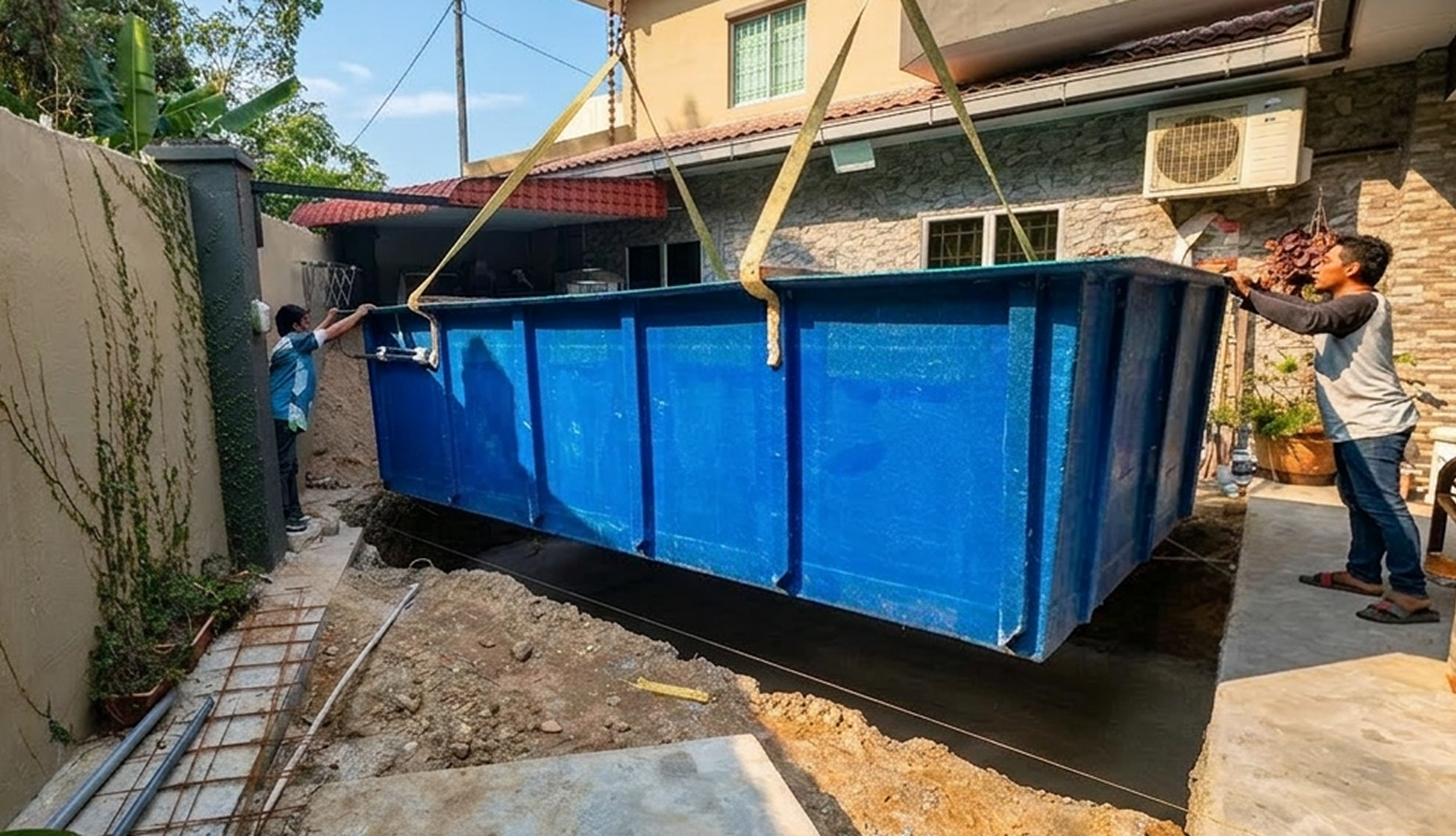 Two workers guide a large, bright blue rectangular fiberglass pool shell suspended by yellow crane straps into an excavated dirt hole in a narrow residential side yard.