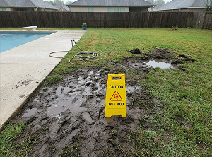 A patch of muddy, flooded grass right next to a blue tiled swimming pool deck, indicating a hidden underground pipe leak.