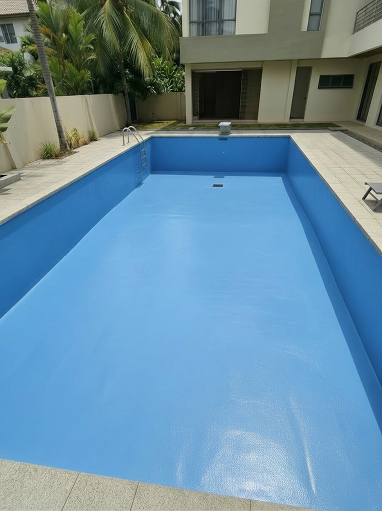 An empty rectangular swimming pool with a freshly applied, bright blue seamless fiberglass lining. It is surrounded by light square paving tiles next to a modern multi-story house and tropical palm trees.