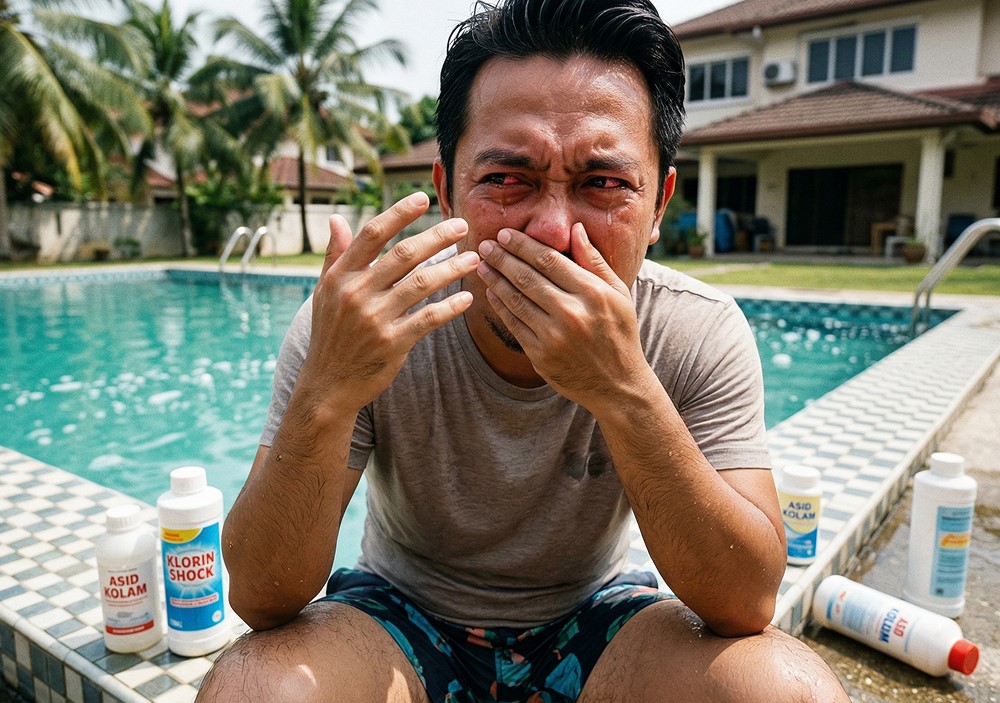 A distressed man with stinging red eyes covers his face next to a residential swimming pool in Malaysia, surrounded by bottles of harsh pool acid and chlorine shock.