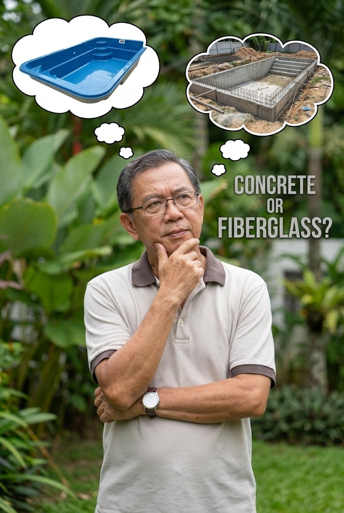 A thoughtful older man stands in a green garden with his hand on his chin. Two thought bubbles appear above his head: one showing a blue pre-formed fiberglass pool shell, and the other showing a concrete pool pit with steel rebar, next to the text "CONCRETE OR FIBERGLASS?"