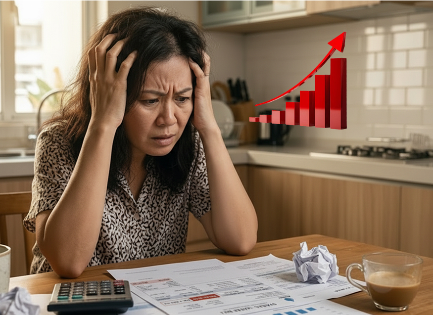 A distressed Malaysian woman holding her head in frustration, looking at a physical SYABAS water bill and a bar chart with a sharp red upward trend at the side.