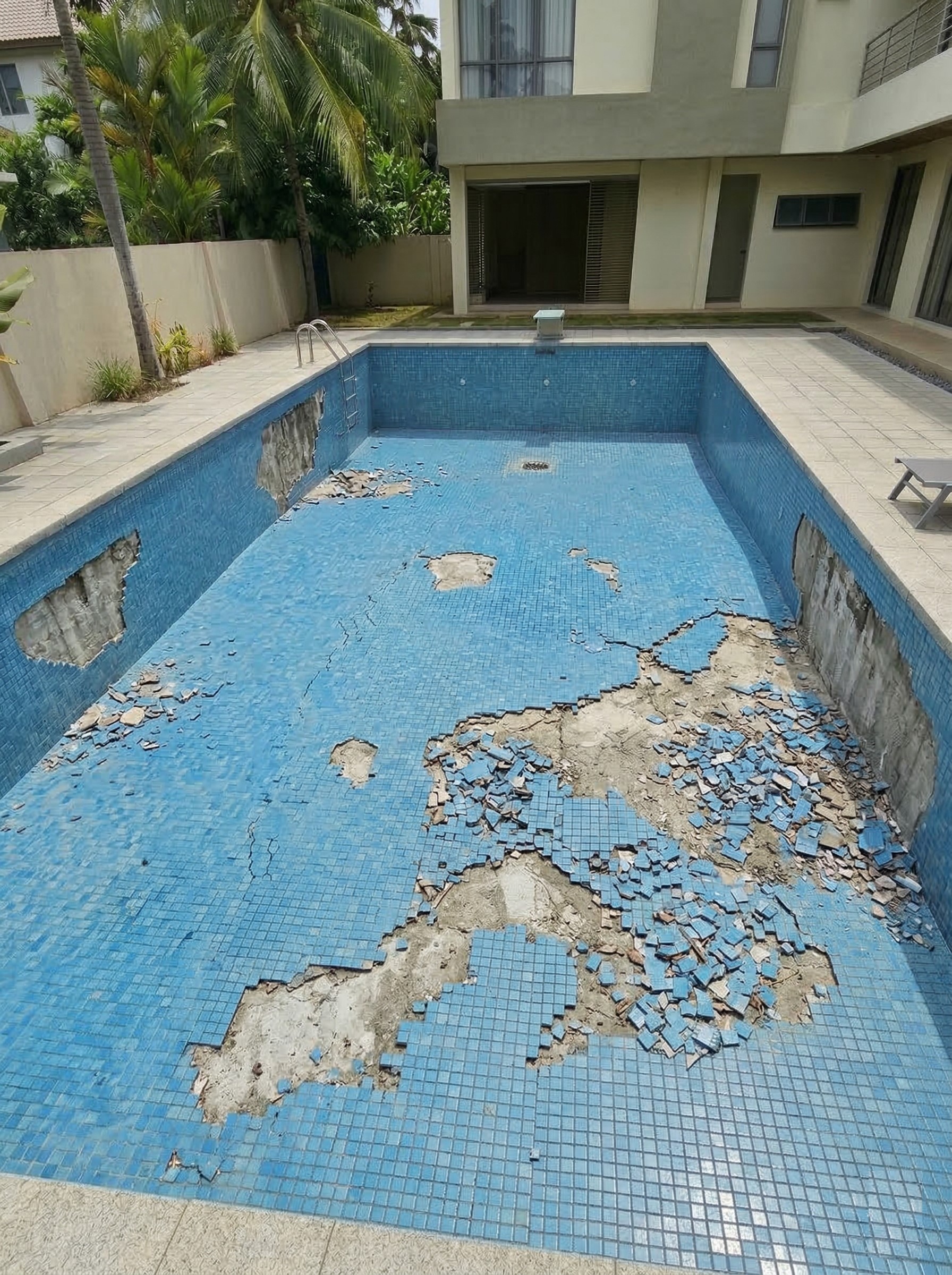 An empty rectangular concrete swimming pool in a residential yard. Massive sections of blue mosaic tiles are broken and peeling off the floor and walls, exposing the raw grey concrete underneath.